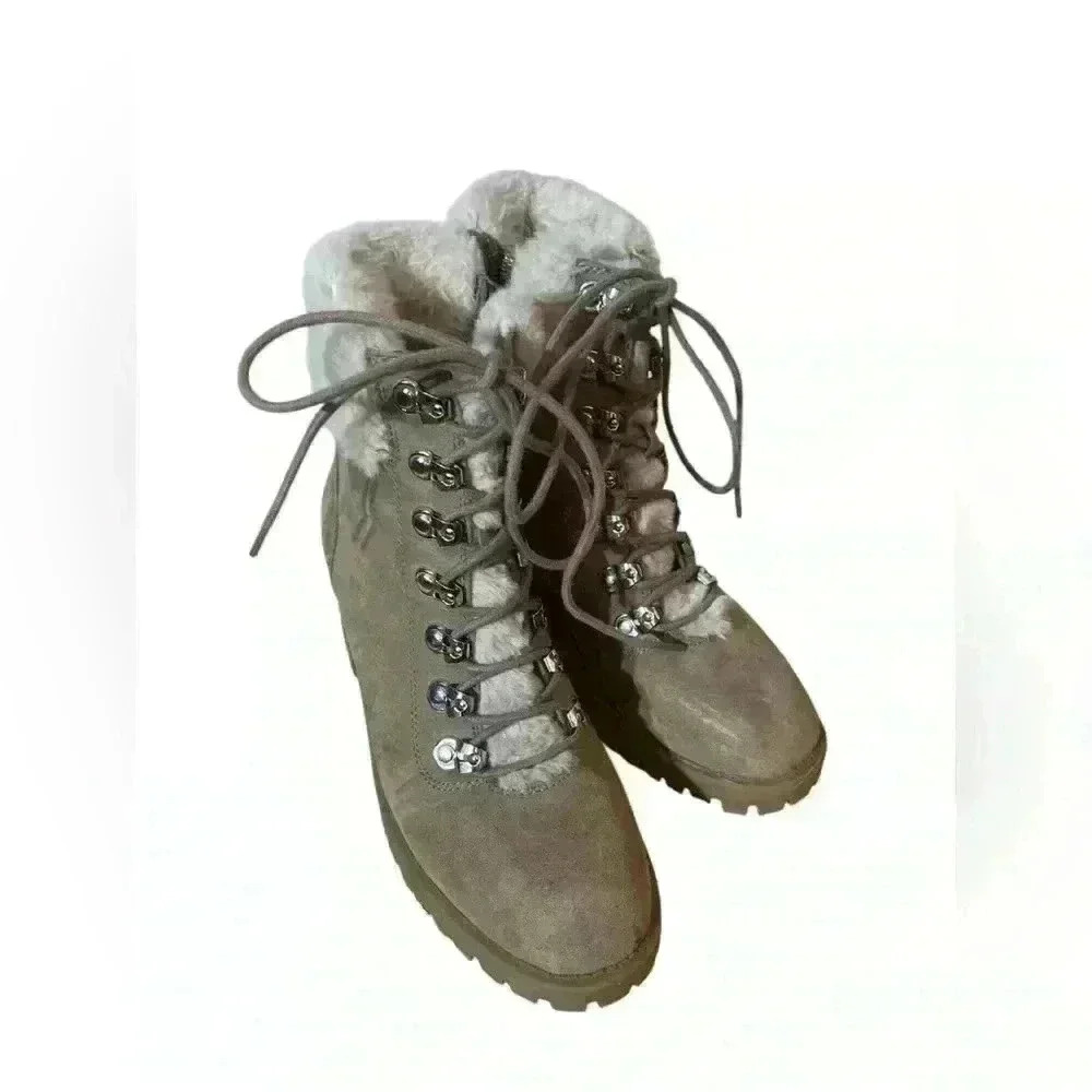 Madden Girl Lace Up Tan Chunky Boots Fur Trim Size 7 Side Zip Hiking 90s Neutral